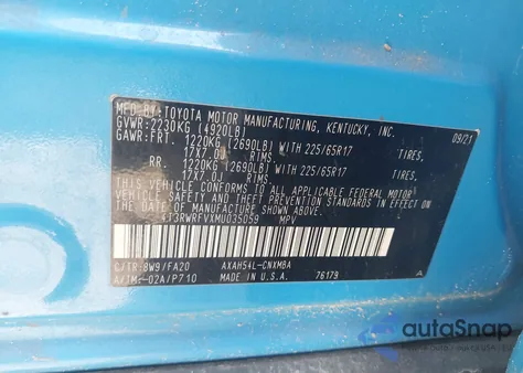 2021 Toyota Rav4 Hybrid Xle z USA, uszkodzony, nr VIN 4T3RWRFVXMU035059